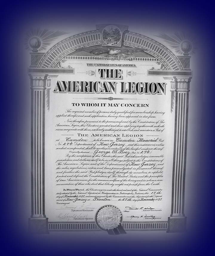 Charter of American Legion Memorial Post 274, November 1951