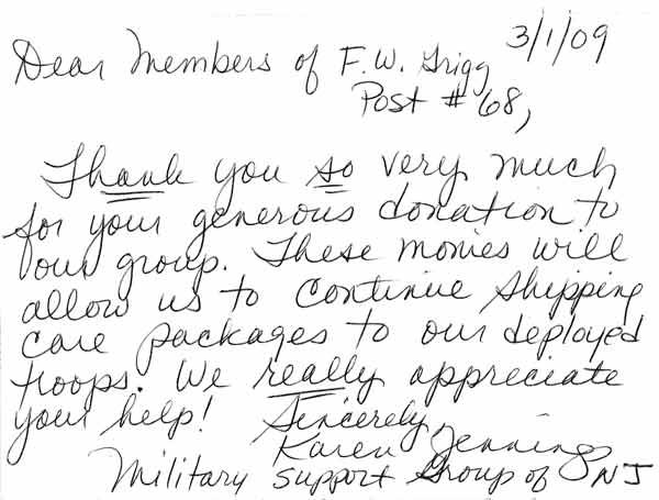 Thank you letter from Karen Jennings, PFC Giordano Detachment, to Post 68