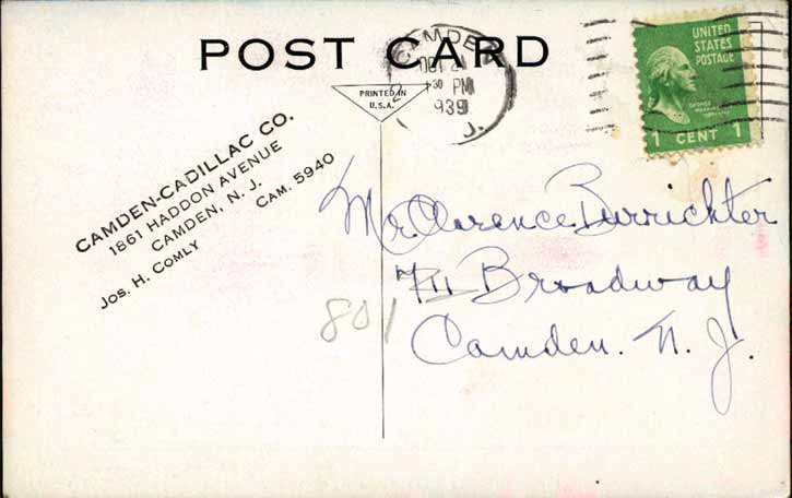 Camden Cadillac Company, 1861 Haddon Avenue, October 1939 (reverse)