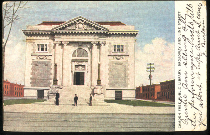 Postcard of the Carnegie Library at Broadway and Line Street, postmarked April 28, 1906