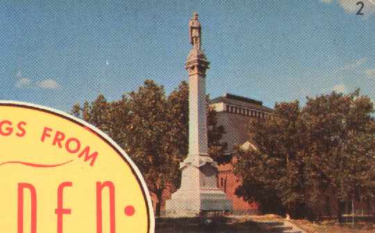 The Soldiers Monument — Camden Convention Hall is visible behind the trees