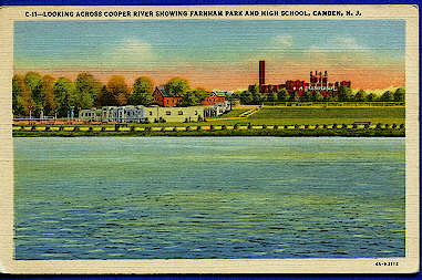 Looking across Cooper River showing Farnham Park and Camden High School, Camden NJ
