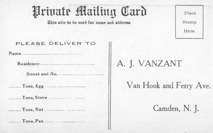 A.J. Vanzant Coal Yard postcard — reverse side