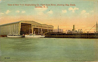 View of New York Shipbuilding Co. plant from River, showing ship sheds