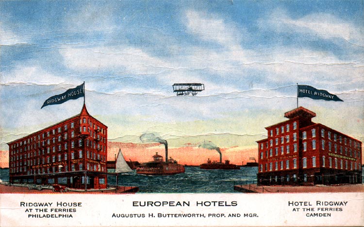 Hotel Ridgway postcard, circa 1918 — while the airplane indicates a date of around 1918, the drawing of the hotel is from before 1911, when the cupola was still on the roof