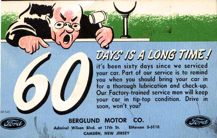 Berglund Ford, 1940s service reminder postcard