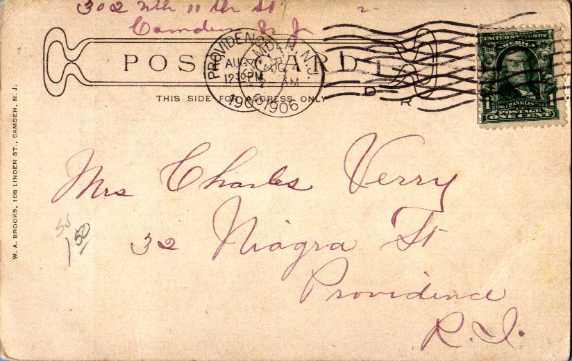 Kaighn Avenue West of Broadway, circa 1900, card mailed 1906 — reverse