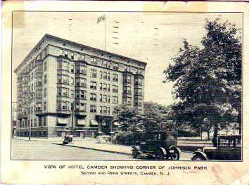 View of Hotel Camden showing corner of Cooper Park, Second and Penn Streets, Camden NJ, 1920s