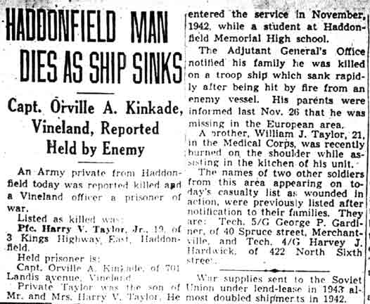 Camden Courier-Post, March 30, 1944 — Haddonfield Man Dies as Ship Sinks