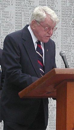 Ed Caffrey delivering a message from The Rohna Survivors Memorial Association