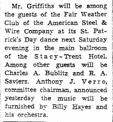 American Steel and Wire Company dance article, Trenton Evening Times, March 14, 1943