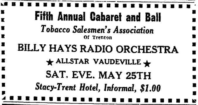 Tobacco Salesmen's Association Fifth Annual Cabaret and Ball advertisement, Trenton Evening Times, May 25, 1935
