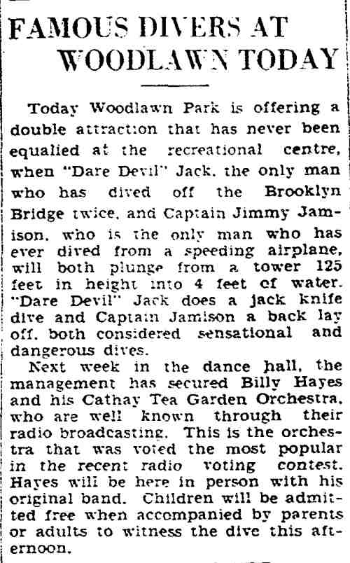 Famous Divers at Woodlawn Today article, Trenton Evening Times, July 13, 1930