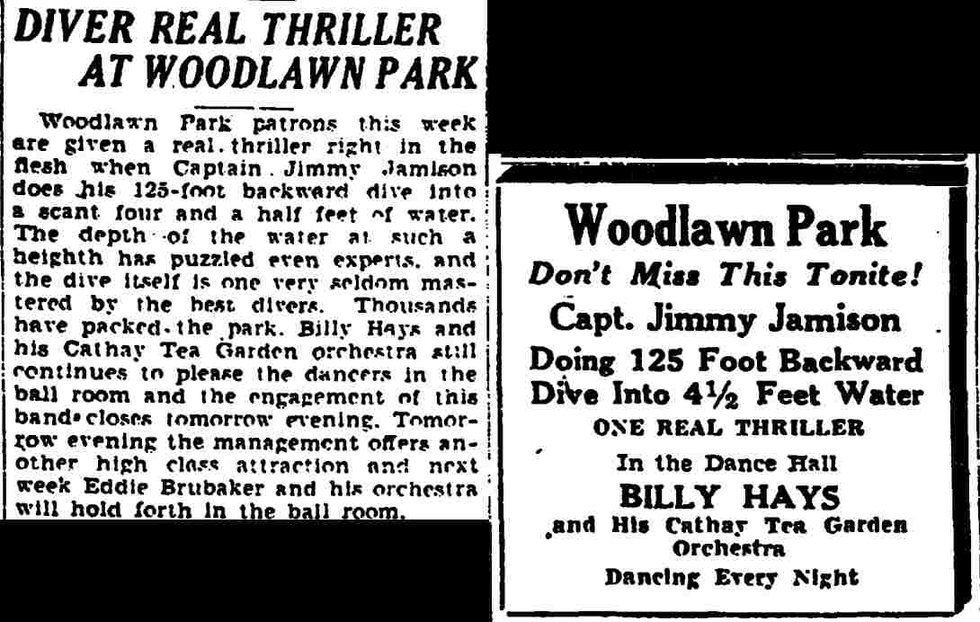 Diver Real Thriller at Woodlawn Park, Trenton Evening Times, July 18, 1930