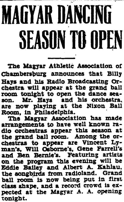 Magyar Dancing Season to Open article, Trenton Evening Times, September 16, 1931