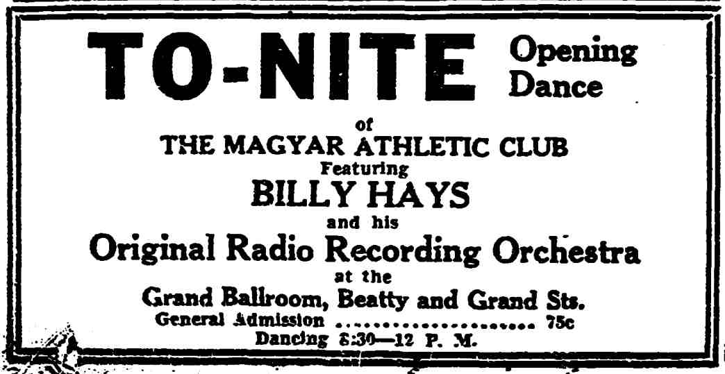 Magyar Athletic Club opening dance advertisement, Trenton Evening Times, September 16, 1931