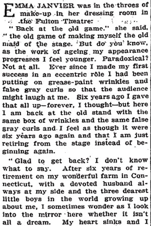 Minute Visits in the Wings — New York Times, August 22, 1915, column 1