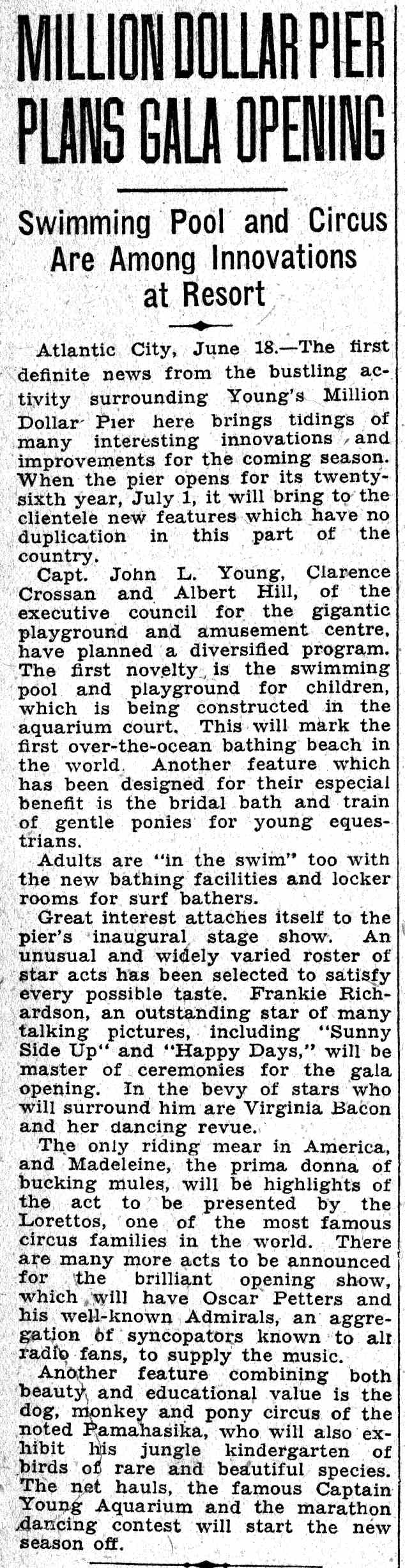 Camden Courier-Post, June 17, 1932 — Million Dollar Pier article featuring Frankie Richardson