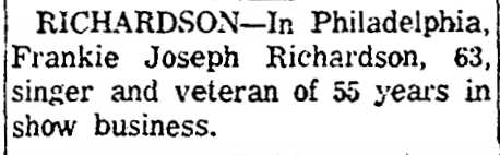 Boston Herald — February 1, 1962 — Frankie Richardson obituary