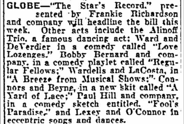 Philadelphia Inquirer — June 11, 1923, Globe Theatre vaudeville listing