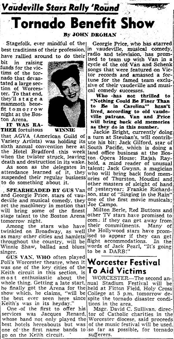 Boston Traveler — June 13, 1953 — tornado benefit show article featuring Frankie Richardson