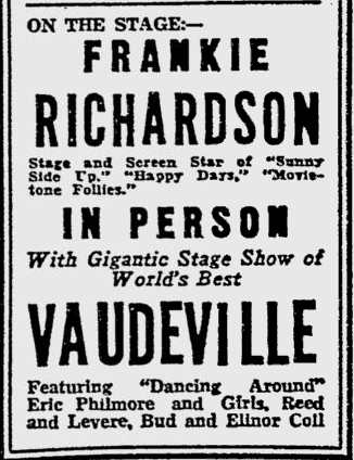 Reading Eagle, October 3, 1932 — Astor Theatre ad, bottom (Frankie Richardson on stage)