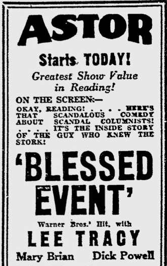 Reading Eagle, October 3, 1932 — Astor Theatre ad, top (Blessed Event screen feature)