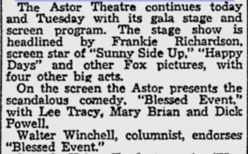 Reading Eagle, October 3, 1932 — Astor Theatre article