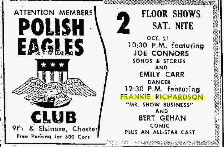 Delco Daily Times — October 20, 1961 — Polish Eagles Club floor show ad featuring Frankie Richardson