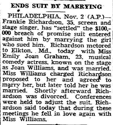 San Diego Evening Tribune — November 2, 1933 — Frankie Richardson ends suit by marrying Joan Williams