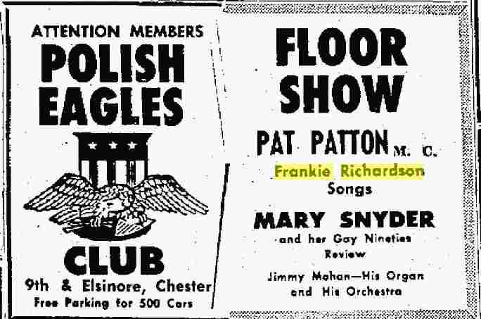 Delco Daily Times — December 8, 1961 — Polish Eagles Club floor show ad featuring Frankie Richardson