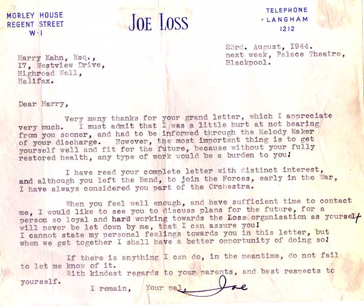 A letter from Joe Loss to Harry Kahn, August 23, 1944