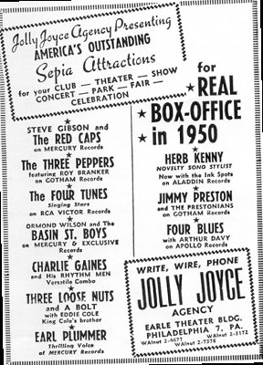 Jolly Joyce Agency advertisement featuring the Four Blues with Arthur Davy, 1950
