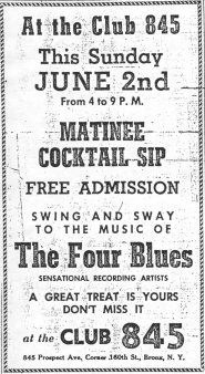 Club 845 advertisement featuring The Four Blues, New York Amsterdam News, June 1, 1946