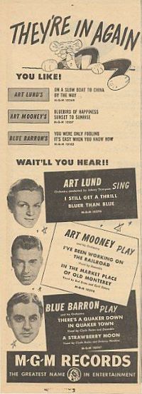 1948 MGM Records advertisement featuring Art Lund, Art Mooney, and Blue Barron