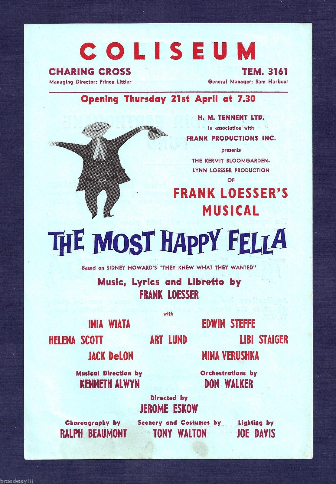 The Most Happy Fella, London production handbill, 1960, front