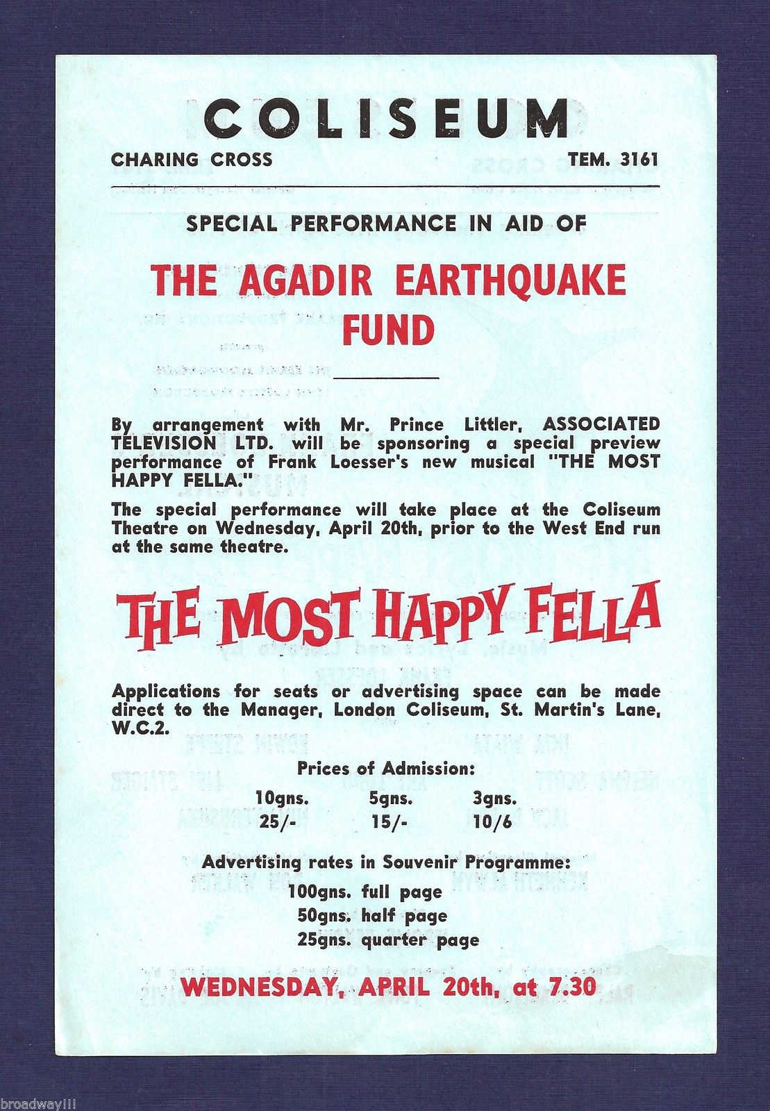 The Most Happy Fella, London production handbill, 1960, back