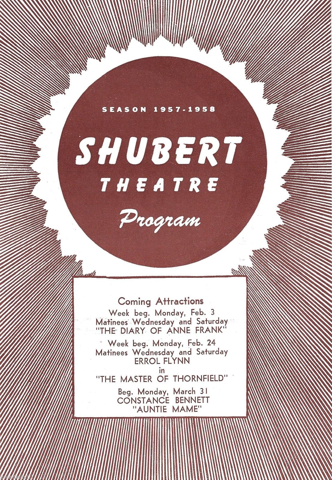 Shubert Theatre program cover, Cincinnati, Season 1957-1958