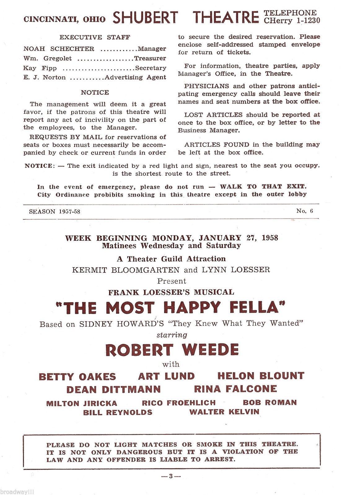 Shubert Theatre program interior: The Most Happy Fella, week beginning January 27, 1958