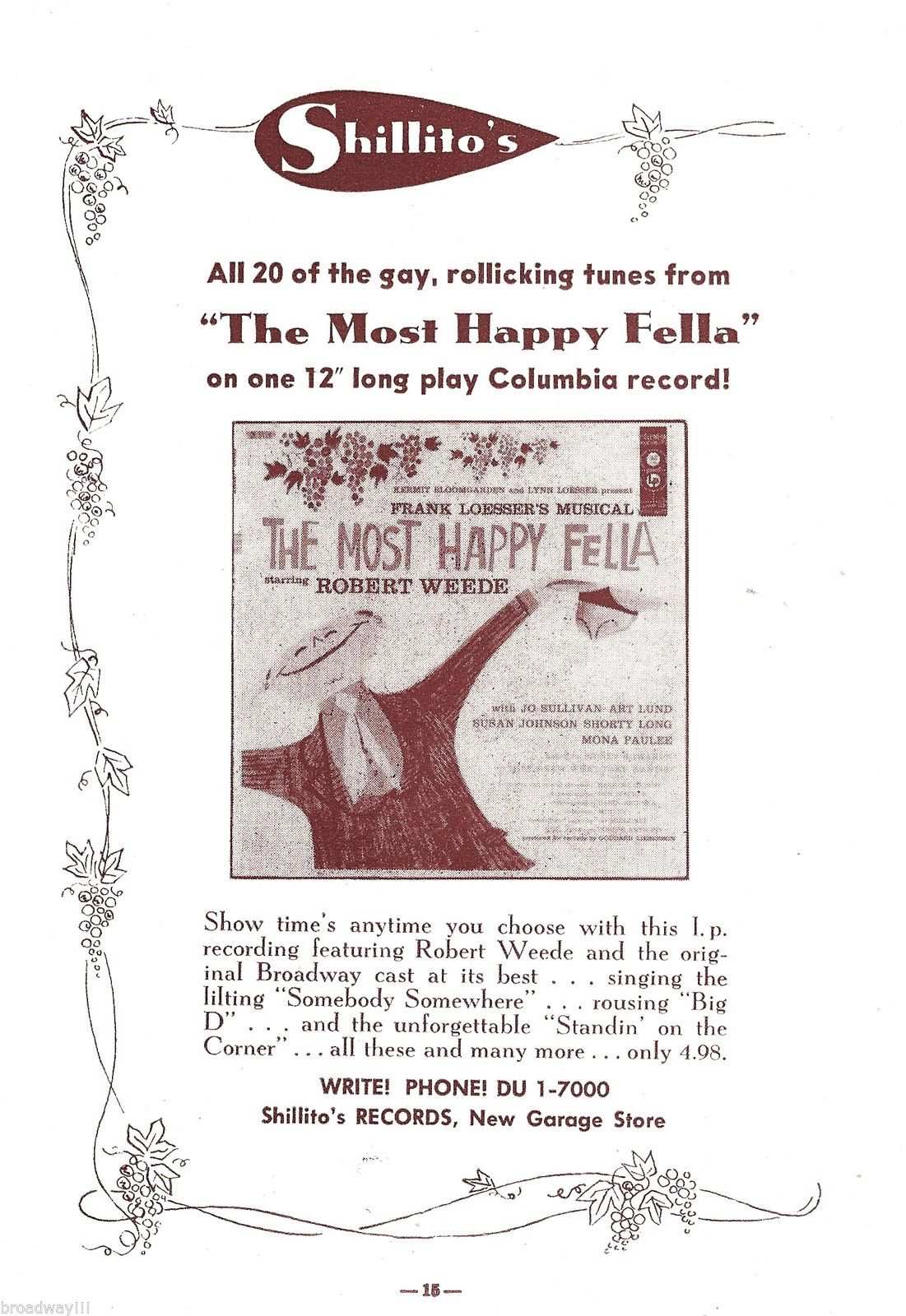 Shillito's Records advertisement for The Most Happy Fella Columbia LP