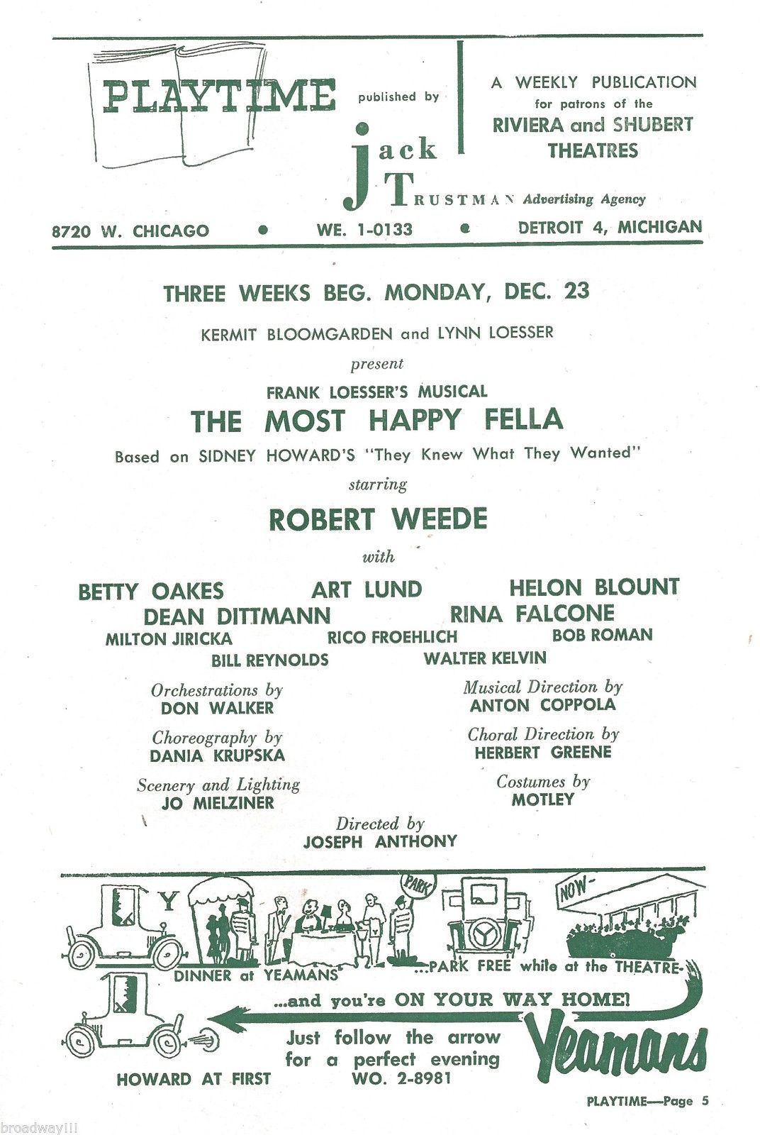 Playtime program interior: The Most Happy Fella starring Robert Weede with Art Lund, December