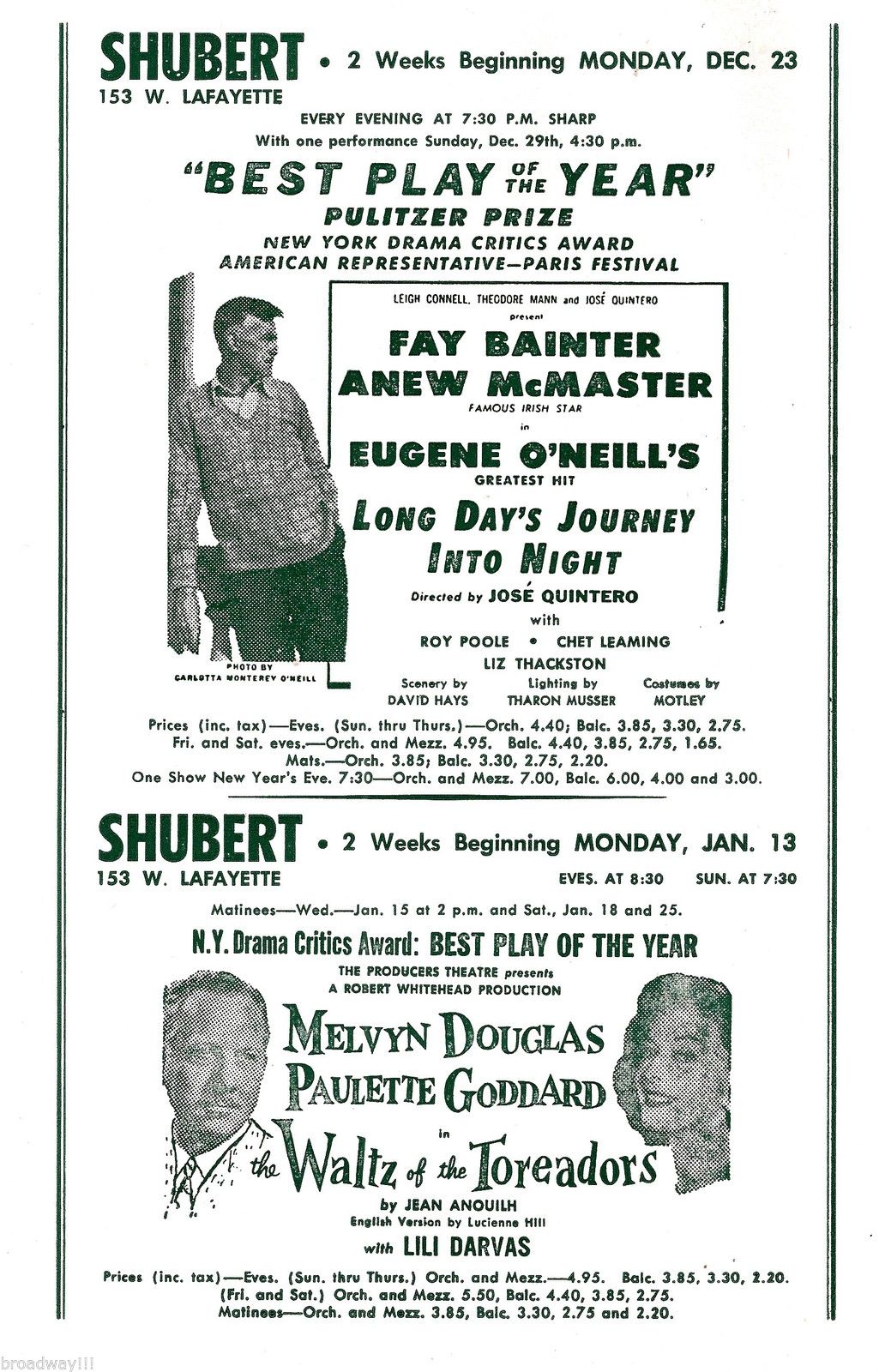 Playtime program: other productions at the Shubert Lafayette including Long Day's Journey Into Night