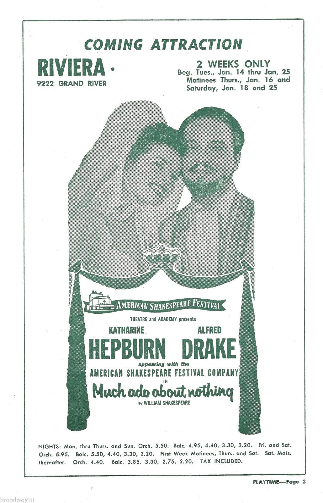 Playtime program: coming attraction Katharine Hepburn and Alfred Drake in Much Ado About Nothing