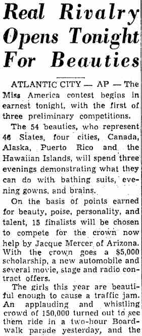 Real Rivalry Opens Tonight For Beauties — Trenton Evening Times, September 6, 1950, column 1