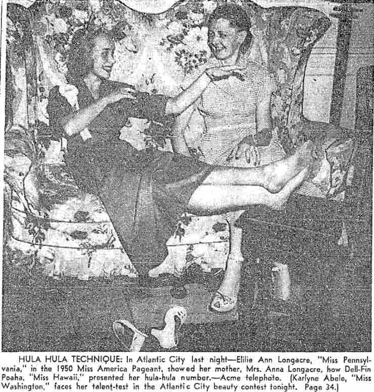 Miss America contestants learning hula technique in Atlantic City, September 1950 — Seattle Daily Times