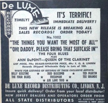 De Luxe Records No. 1002 advertisement, Billboard Magazine, September 22, 1945