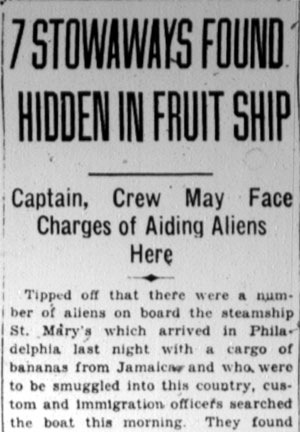 7 Stowaways Found Hidden in Fruit Ship — Camden Courier-Post, January 9, 1928