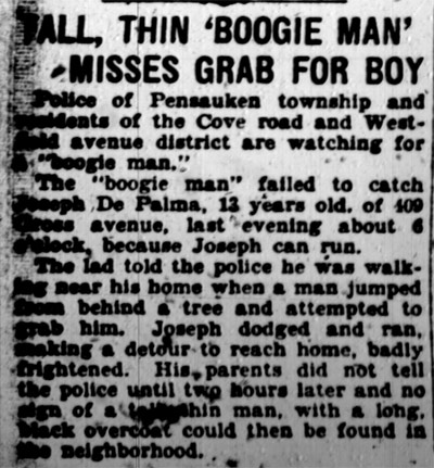 Tall, Thin 'Boogie Man' Misses Grab For Boy — Camden Courier-Post, January 25, 1928